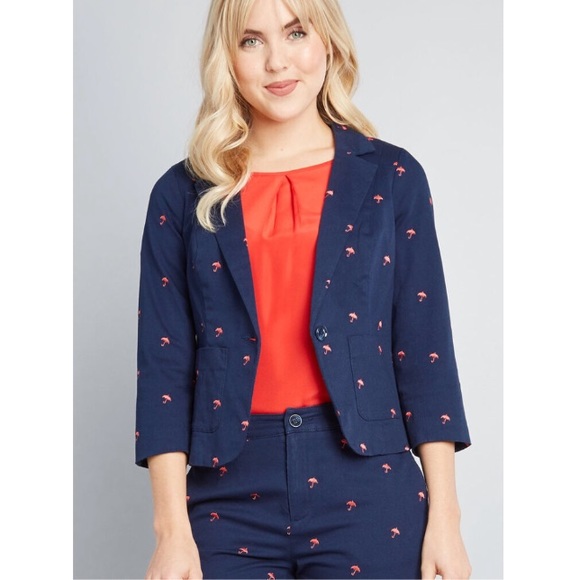 NWT ModCloth Navy Pink Umbrella Embroidered Blazer - Picture 1 of 10